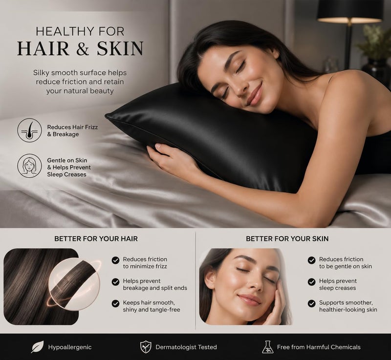 2-Pack Satin Pillowcases for Hair & Skin, Silky Soft Pillow Covers 55 x 70 cm Reduces Hair Frizz & Skin Creases, Luxury Satin (Black) - Image 2