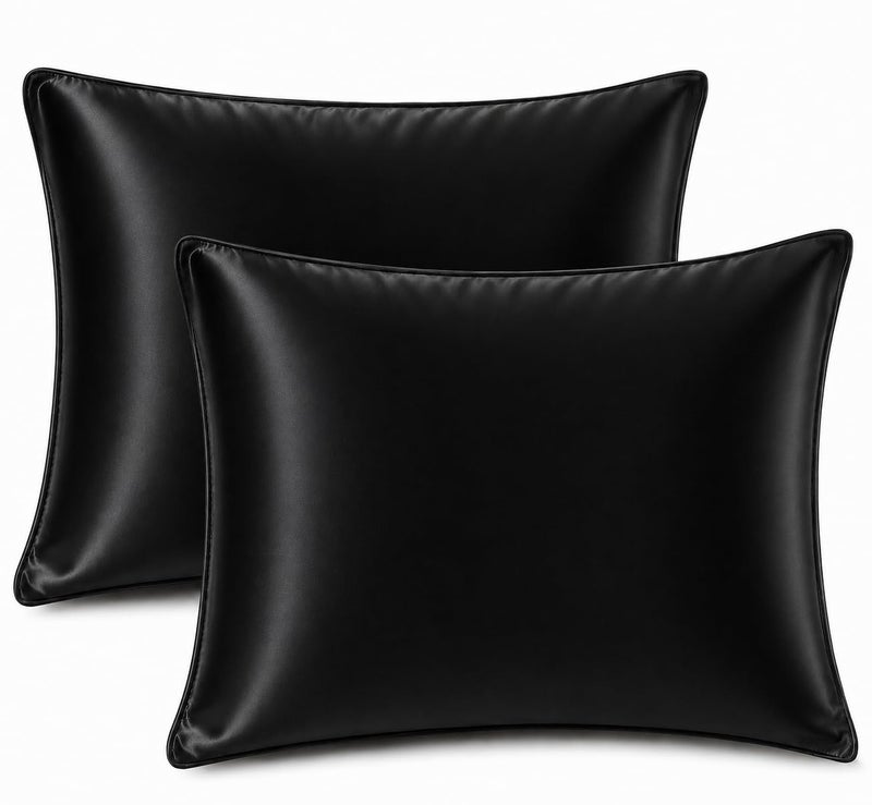 2-Pack Satin Pillowcases for Hair & Skin, Silky Soft Pillow Covers 55 x 70 cm Reduces Hair Frizz & Skin Creases, Luxury Satin (Black) - Image 1