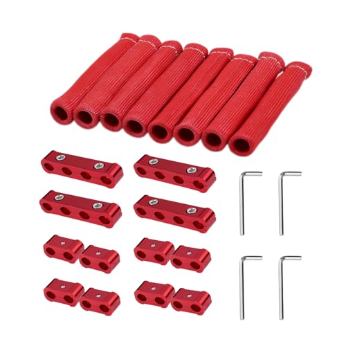 TuhooMall 12pcs Spark Plug Wire Separator Divider & 8pcs Spark Plug Boot Protector, Heat Shield Sleeve for 8mm-10mm Wires, 2500° Heat Shield, Aluminum Alloy Ignition Wire Divider, Red - Image 1