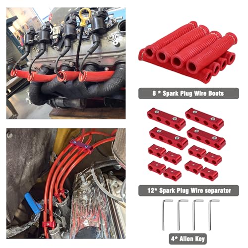 TuhooMall 12pcs Spark Plug Wire Separator Divider & 8pcs Spark Plug Boot Protector, Heat Shield Sleeve for 8mm-10mm Wires, 2500° Heat Shield, Aluminum Alloy Ignition Wire Divider, Red - Image 5