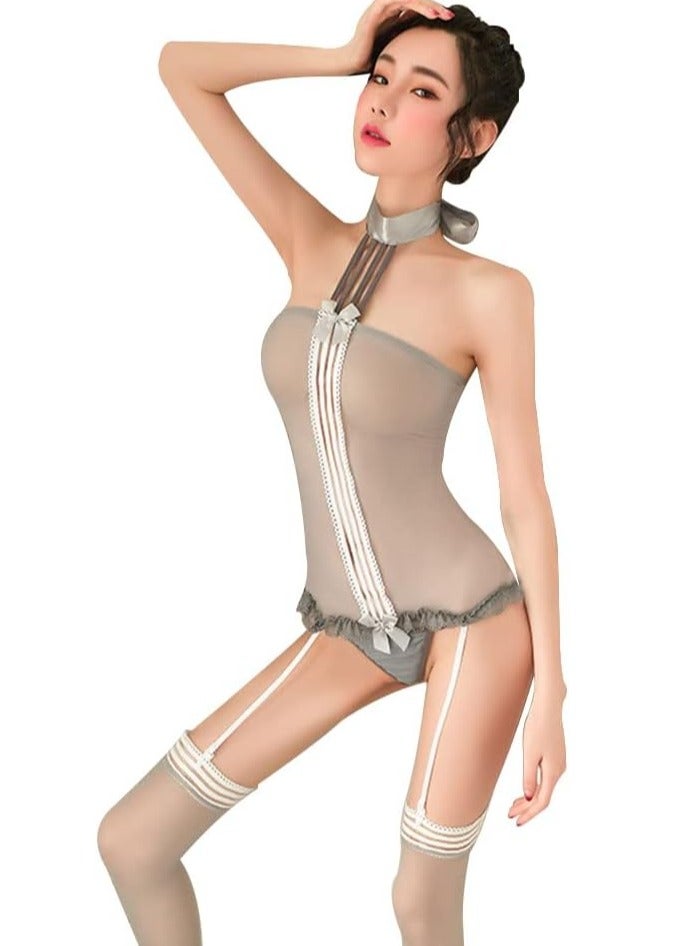 MARGOUN Garter Secretary Cosplay Set Teacher Maid Hollow Out Garter Stockings Uniform Female Halter Perspective Garter Costume Grey / M13 (One Size)