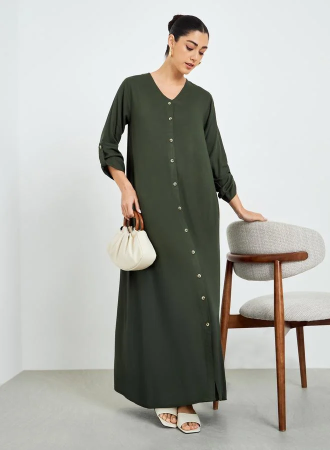 Olive Buttoned Roll-Up Sleeve Jalabiya