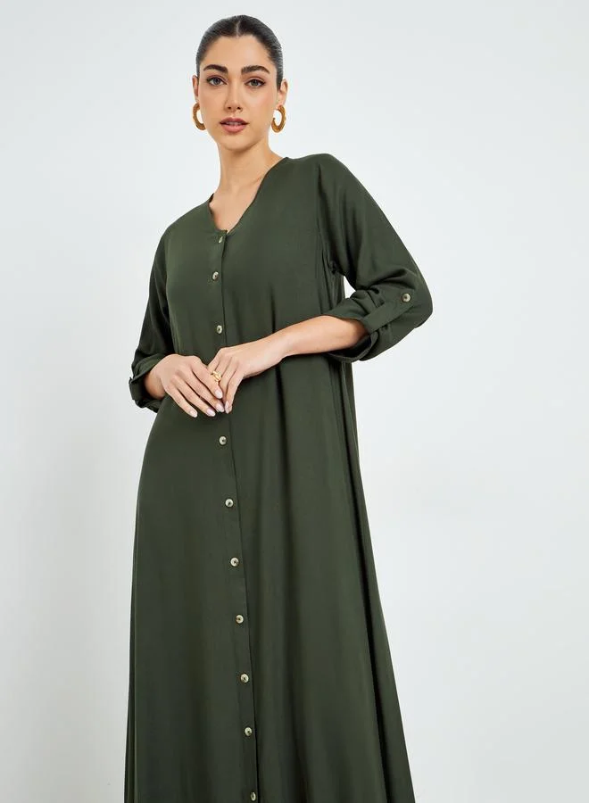 Amirah Olive Buttoned Roll-Up Sleeve Jalabiya