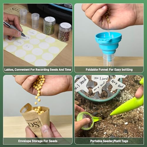 Sumloty 114 Slots Seed Storage Organizer Kit with 20 Envelopes, Waterproof Seed Storage Box, Transparent Bottles, Tweezers, Funnel, Sower for Vegetable Flower Garden Seeds Saver Kit for Vegetable - Image 4