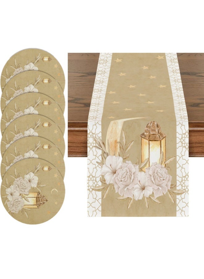 SISGL عيد مبارك، رمضان مبارك مفرش طاولة بوليستر مع 6 قطع من مفارش الطاولة، تصميم فوانيس القمر الذهبية، علم طاولة مستطيل منسوج، زينة رمضان، حفلة إسلامية، مثالي لرمضان كريم - Image 1