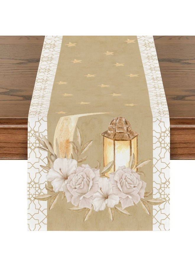 SISGL عيد مبارك، رمضان مبارك مفرش طاولة بوليستر مع 6 قطع من مفارش الطاولة، تصميم فوانيس القمر الذهبية، علم طاولة مستطيل منسوج، زينة رمضان، حفلة إسلامية، مثالي لرمضان كريم - Image 2