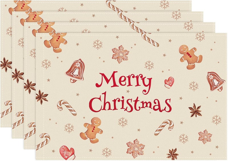 Bonhause Christmas Gingerbread Man Candy Placemats Set of 4 12x18 Inch Cute Gingerbread Man Kitchen Dinning Table Mats Washable Place Mats for Indoor Outdoor Home Party Dcor - Image 1