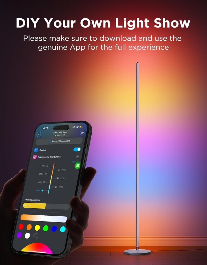 جوفي مصباح أرضي RGBIC، مصباح زاوية LED يعمل مع Alexa، مصباح أرضي ذكي حديث مع مزامنة الموسيقى و16 مليون لون DIY، مصباح قائم متغير الأجواء لغرفة المعيشة، فضي - Image 5
