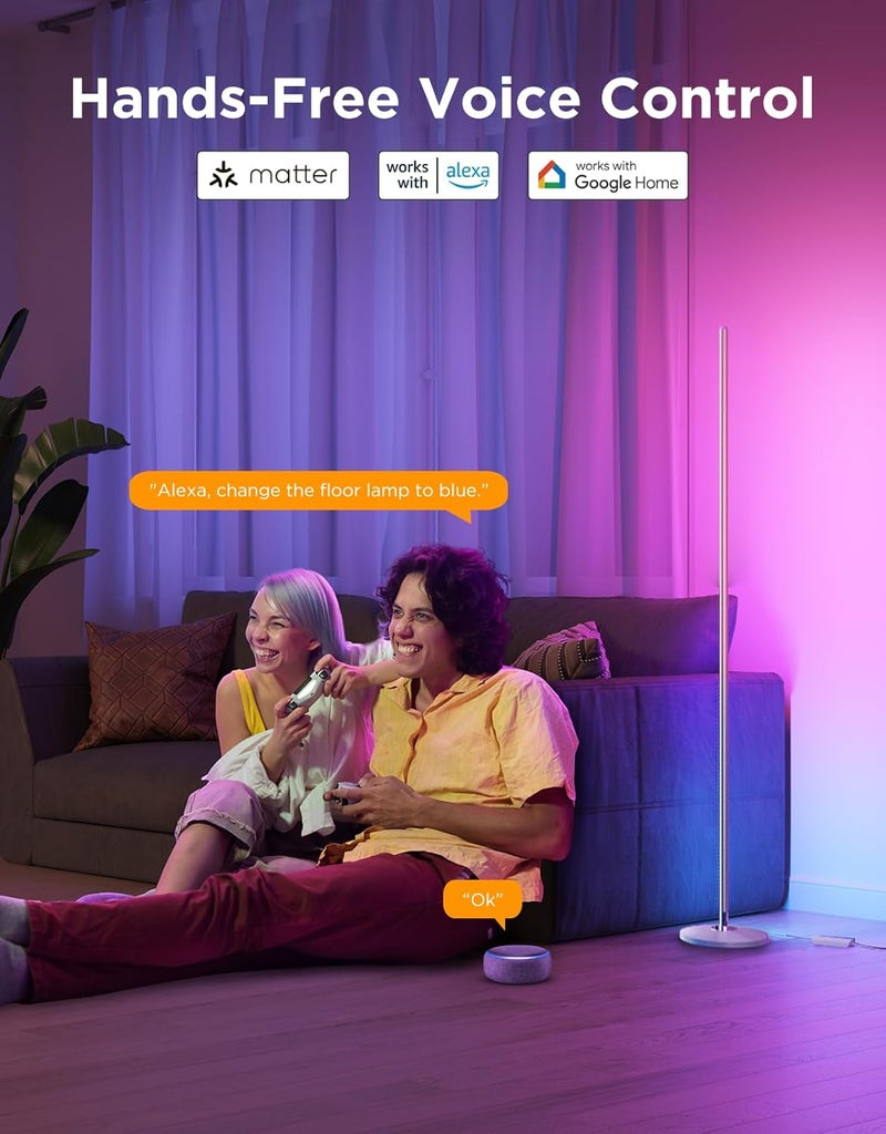 جوفي مصباح أرضي RGBIC، مصباح زاوية LED يعمل مع Alexa، مصباح أرضي ذكي حديث مع مزامنة الموسيقى و16 مليون لون DIY، مصباح قائم متغير الأجواء لغرفة المعيشة، فضي - Image 3