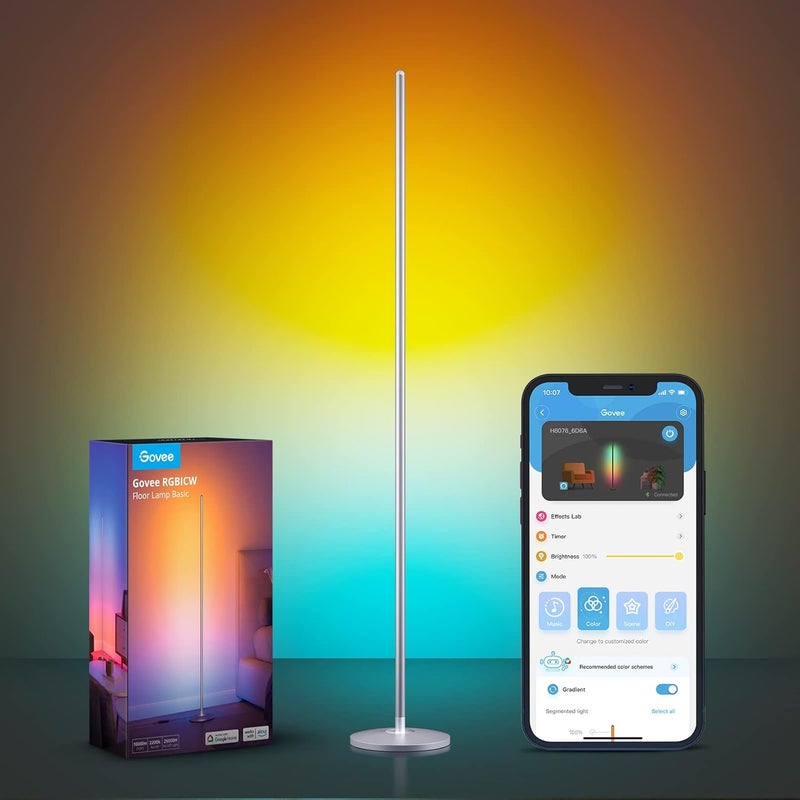 جوفي مصباح أرضي RGBIC، مصباح زاوية LED يعمل مع Alexa، مصباح أرضي ذكي حديث مع مزامنة الموسيقى و16 مليون لون DIY، مصباح قائم متغير الأجواء لغرفة المعيشة، فضي - Image 1