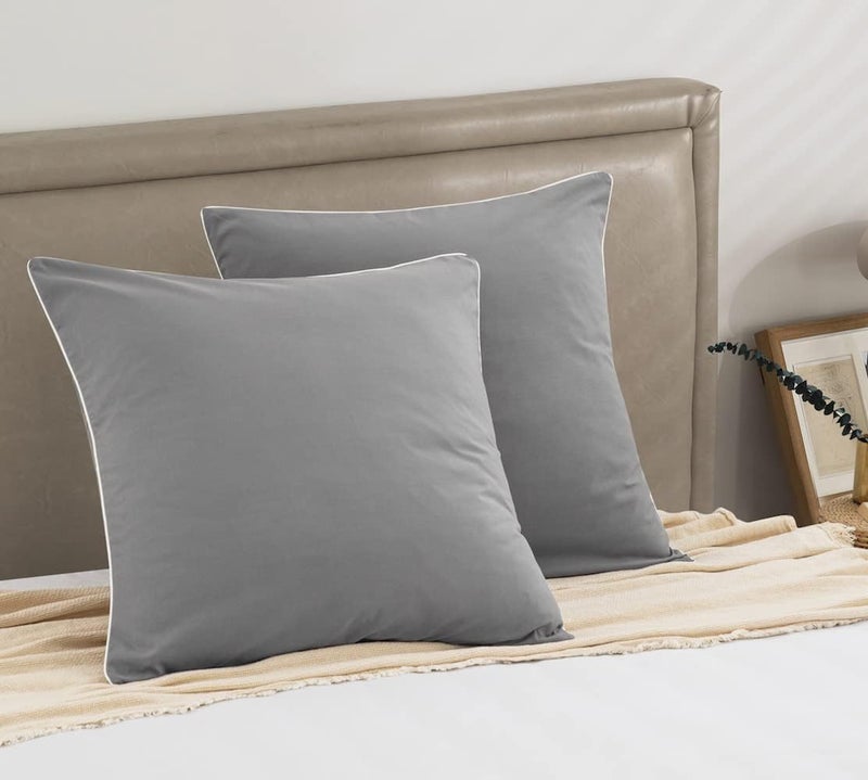 DAUAOTO Euro Shams 26"x26" Square Pillow Cushion Cover 2 Pieces Set Microfiber (Gray with Decorative White Piping) - Image 2