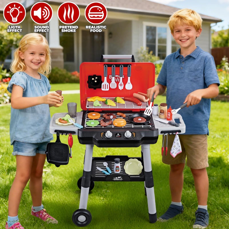 Shemira Kids Play Kitchen Toys, Kids BBQ Grill Playset with Smoke Sound Light, 2-Layer Barbecue Toy with Wheel, Outdoor Play Grill Toys for Toddlers 3-5, Play Food Toys Cooking Set, Birthday Gift for Boy Girl - Image 4