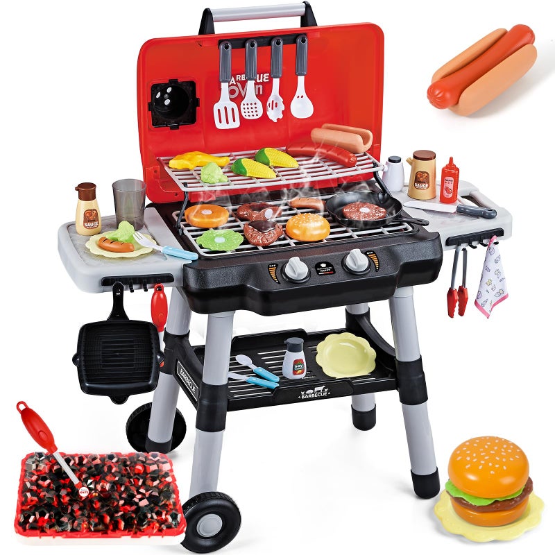 Shemira Kids Play Kitchen Toys, Kids BBQ Grill Playset with Smoke Sound Light, 2-Layer Barbecue Toy with Wheel, Outdoor Play Grill Toys for Toddlers 3-5, Play Food Toys Cooking Set, Birthday Gift for Boy Girl - Image 1