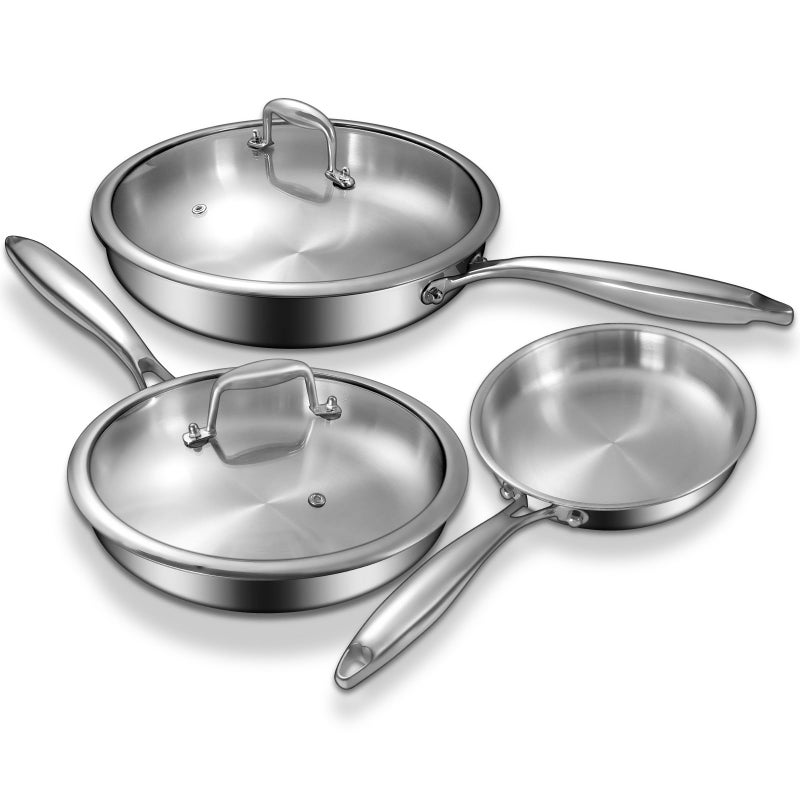 EWFEN Tri-Ply Stainless Steel Frying Pans Set with Lid, EWFEN 8â€/10â€/12â€ Cooking pans, PFOA&PTFE Free Skillet, Induction Cooking Pan, Dishwasher and Oven Safe, Fast & Even Heat, Suitable for All Stove - Image 1