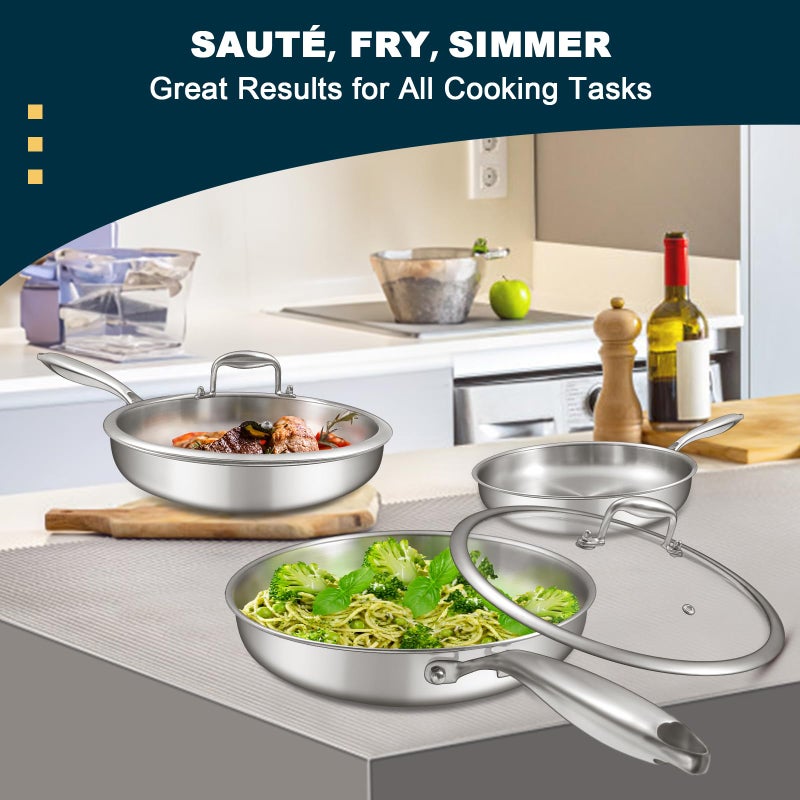 EWFEN Tri-Ply Stainless Steel Frying Pans Set with Lid, EWFEN 8â€/10â€/12â€ Cooking pans, PFOA&PTFE Free Skillet, Induction Cooking Pan, Dishwasher and Oven Safe, Fast & Even Heat, Suitable for All Stove - Image 2