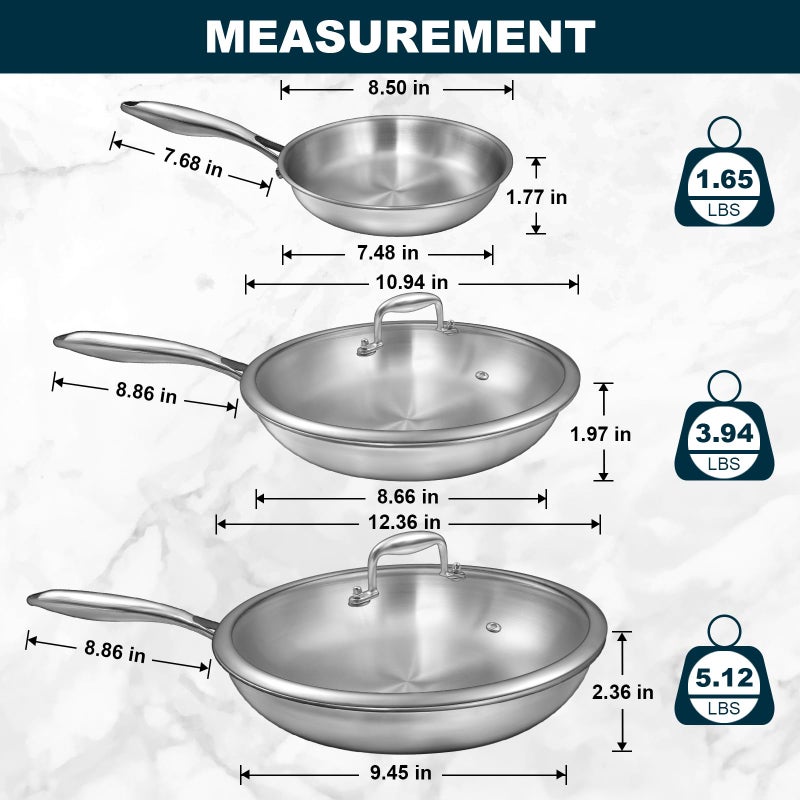 EWFEN Tri-Ply Stainless Steel Frying Pans Set with Lid, EWFEN 8â€/10â€/12â€ Cooking pans, PFOA&PTFE Free Skillet, Induction Cooking Pan, Dishwasher and Oven Safe, Fast & Even Heat, Suitable for All Stove - Image 3