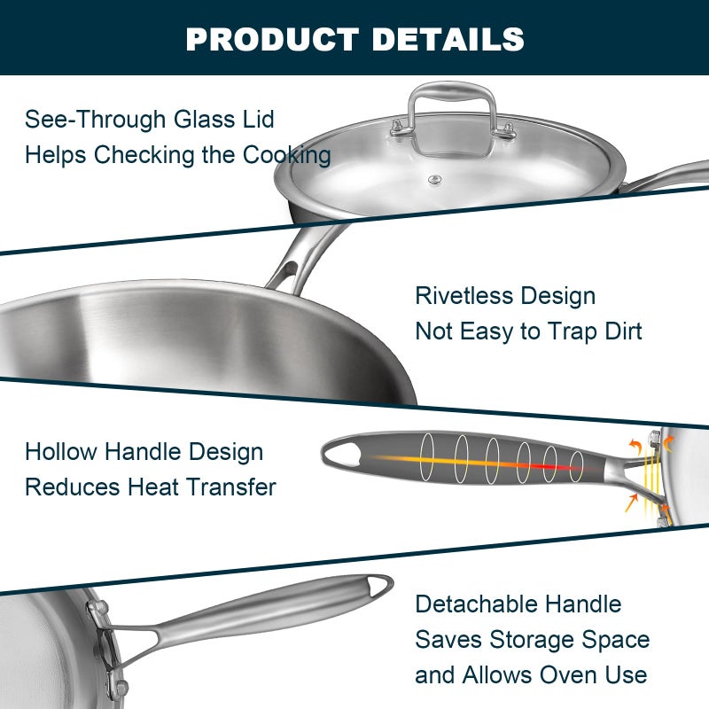 EWFEN Tri-Ply Stainless Steel Frying Pans Set with Lid, EWFEN 8â€/10â€/12â€ Cooking pans, PFOA&PTFE Free Skillet, Induction Cooking Pan, Dishwasher and Oven Safe, Fast & Even Heat, Suitable for All Stove - Image 5