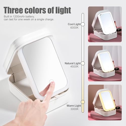GNEY Portable LED Makeup Mirror Box with Storage, Rechargeable Tricolor Light Vanity Mirror, Foldable Cosmetic Organizer with Touch Dimming & Type-C Charging (White) - Image 2