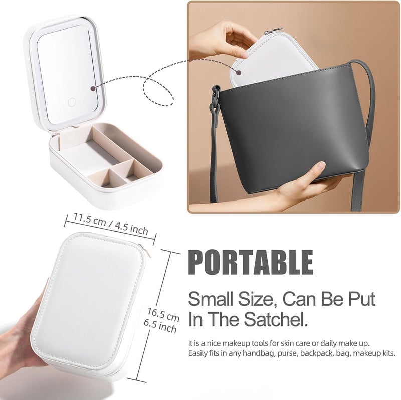 GNEY Portable LED Makeup Mirror Box with Storage, Rechargeable Tricolor Light Vanity Mirror, Foldable Cosmetic Organizer with Touch Dimming & Type-C Charging (White) - Image 5