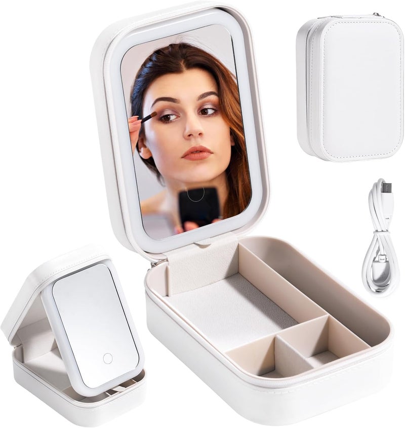 GNEY Portable LED Makeup Mirror Box with Storage, Rechargeable Tricolor Light Vanity Mirror, Foldable Cosmetic Organizer with Touch Dimming & Type-C Charging (White) - Image 1