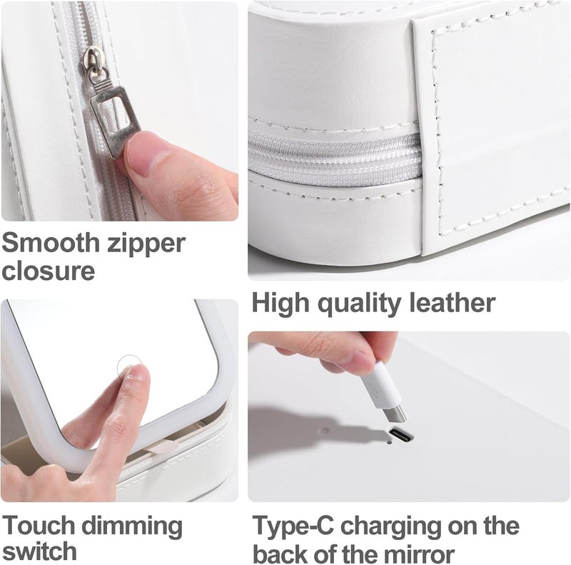 GNEY Portable LED Makeup Mirror Box with Storage, Rechargeable Tricolor Light Vanity Mirror, Foldable Cosmetic Organizer with Touch Dimming & Type-C Charging (White) - Image 4