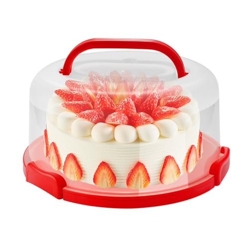 NVAZIOP 10 Inch Portable Cake Stand Carrier Holder with Lid and Handle Round Cake Storage Containers Cupcake Plastic Cake Cover Holder for Transport Red - Image 1