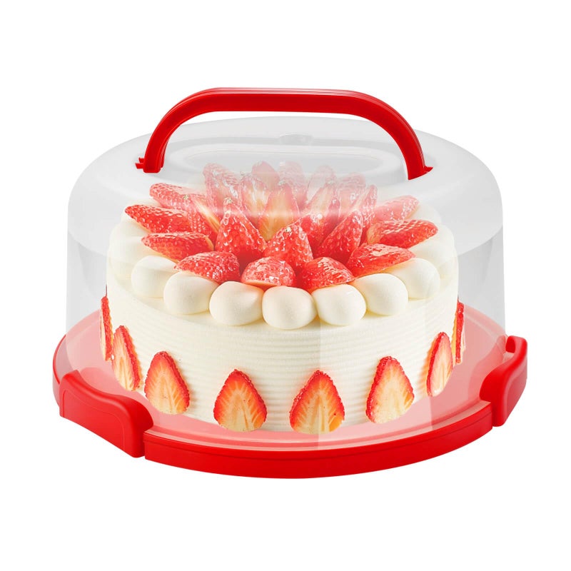 NVAZIOP 10 Inch Portable Cake Stand Carrier Holder with Lid and Handle Round Cake Storage Containers Cupcake Plastic Cake Cover Holder for Transport Red - Image 2