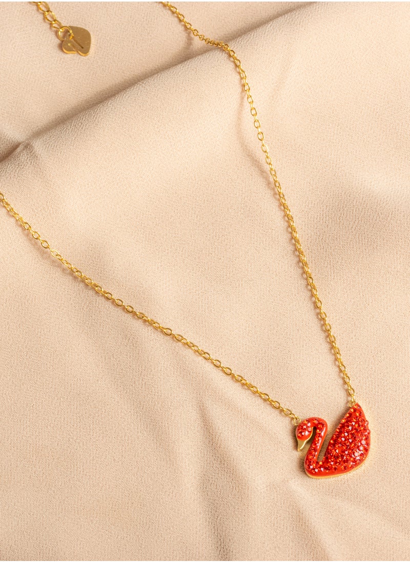 The Black Pearl Accessories - Stainless Steel Necklace Gold with a Red Zirconic Flamingo Pendant - Image 1