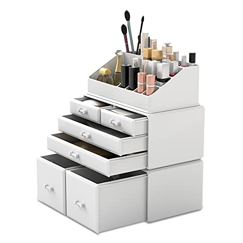 READAEER Makeup Organizer 3 Pieces Cosmetic Storage Case with 6 Drawers (White) - Image 1