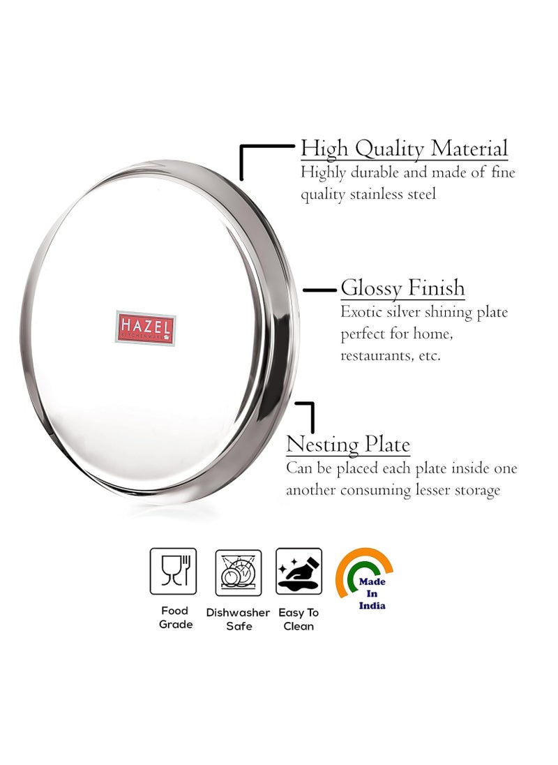 HAZEL Stainless Steel Plates Set | Premium Mirror Finish Thali Set Stainless Steel | Heavy Gauge Steel Plates Set for Dinner & Lunch Set of 4, 28 cm