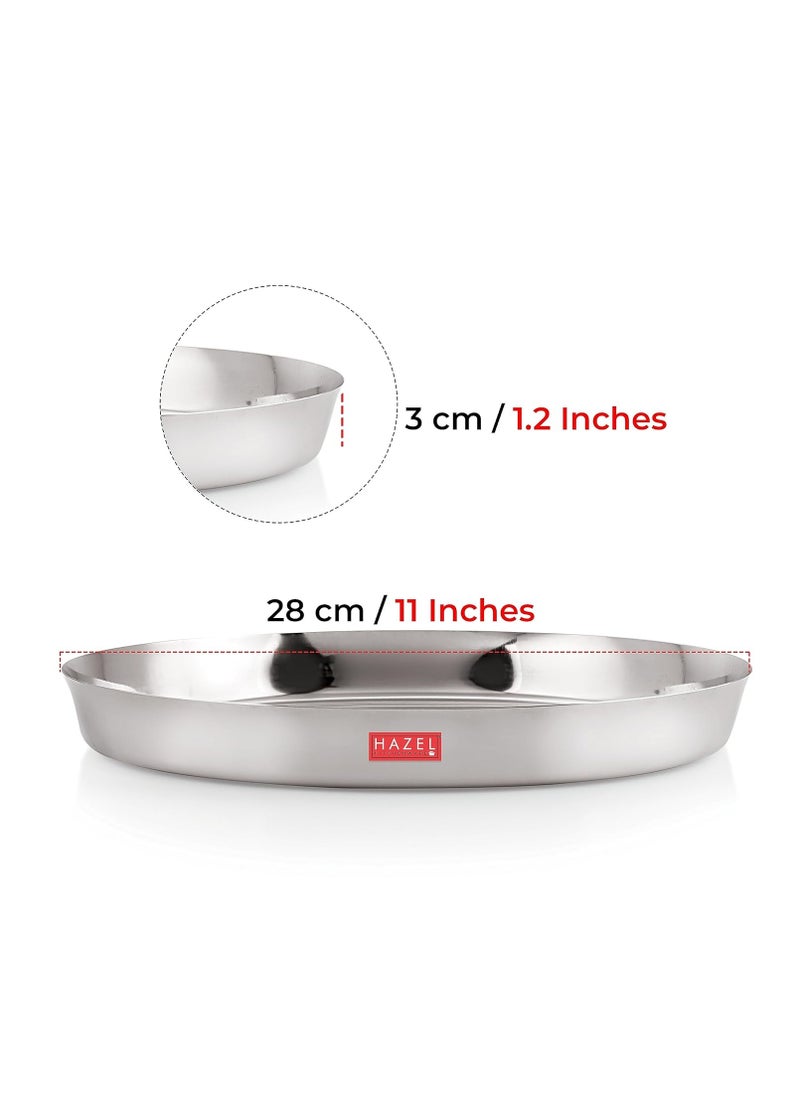 HAZEL Stainless Steel Plates Set | Premium Mirror Finish Thali Set Stainless Steel | Heavy Gauge Steel Plates Set for Dinner & Lunch Set of 4, 28 cm