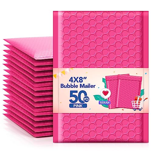 GSSUSA GSSSUSA Bubble Mailers 4x8 Inch 50 Pack Padded Envelopes Usable Size 4x7 Inch Shipping Envelopes Self Seal Small Packaging Shipping Bags for Mailing Jewelry, Small Business, Pink - Image 1