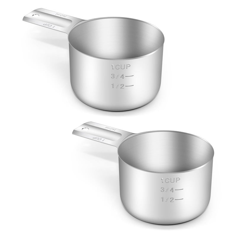 BERYLER 2PCS 1Cup 240ml 8oz Single Measuring Cup Stainless Steel Measure Scoop Metric and US Measurement Dishwasher Safe