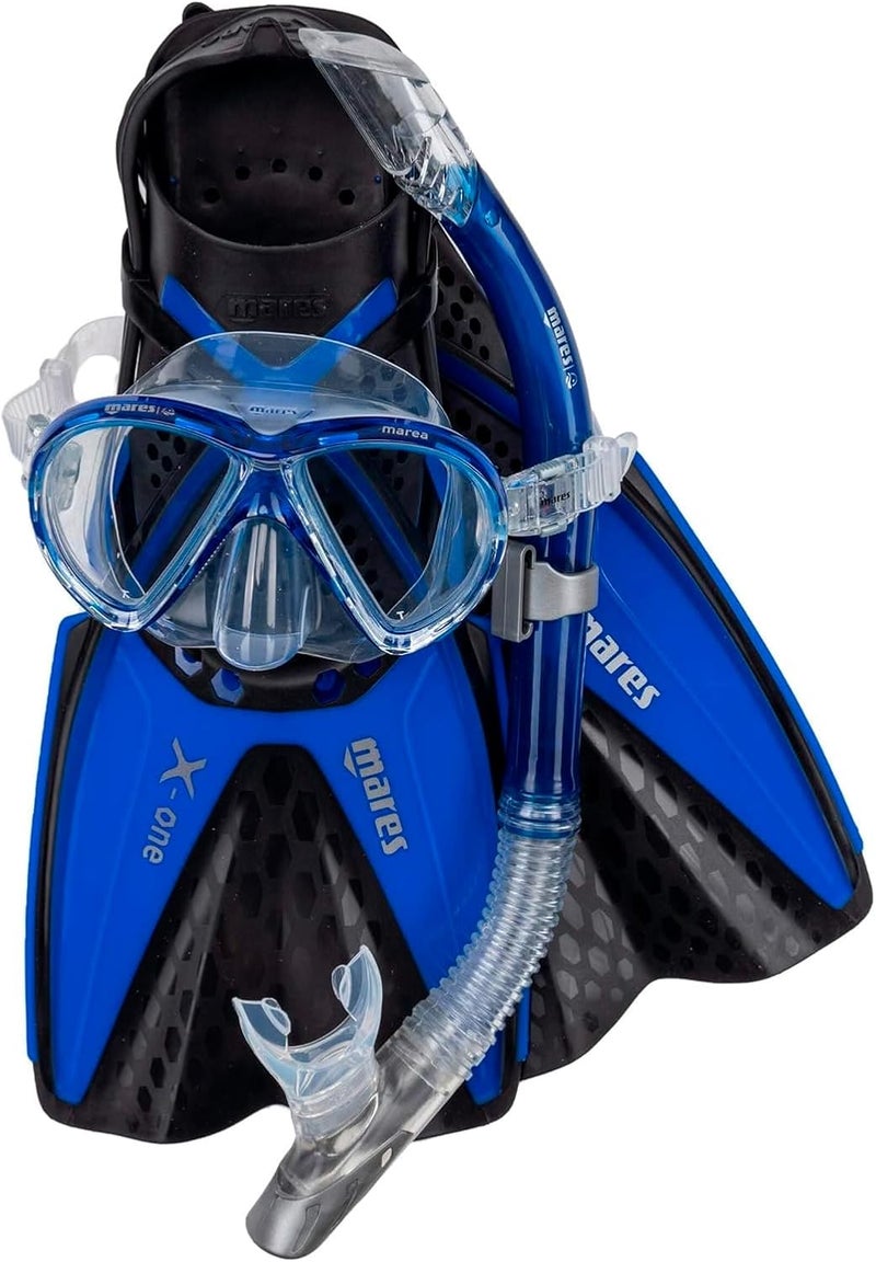 Mares Adult X-One Marea Snorkeling Gear Set, Wide Vision Mask w/Soft Silicone Face Piece, Ergonomic Snorkel, Lightweight Open Heel Swimming Fins, 410794 - Image 1