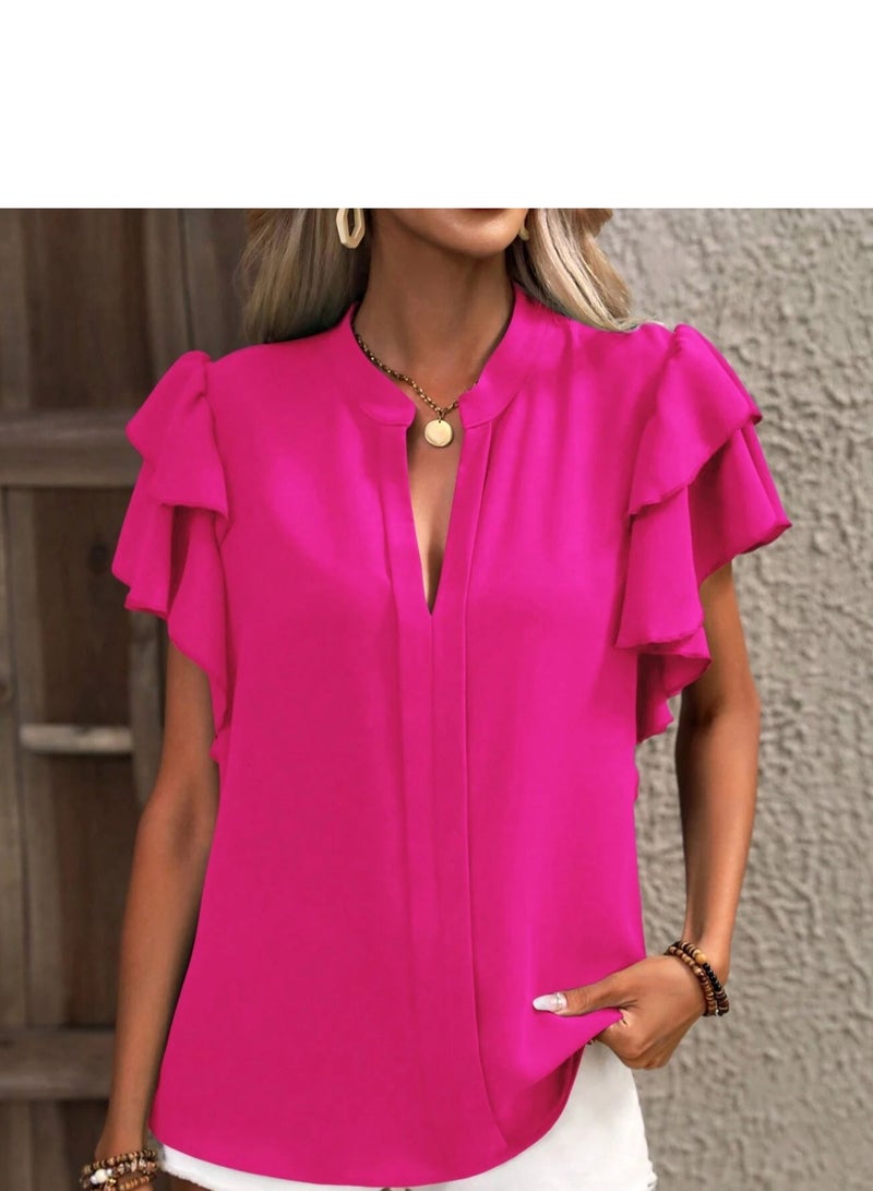 Shougu New V-neck Casual Solid Color Shirt Top  - Image 3
