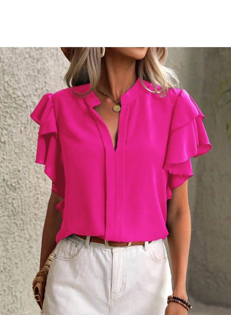Shougu New V-neck Casual Solid Color Shirt Top  - Image 4