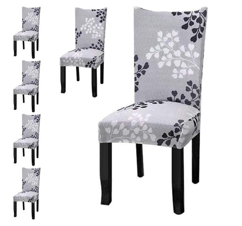 Styleys Elastic Polyester Floral, Geometric Stretch Removable Washable Short Chair Cover Protector Seat Slipcover SLMC105 (Black, White, Grey Ginkgo) 6 Chair Cover - Image 1