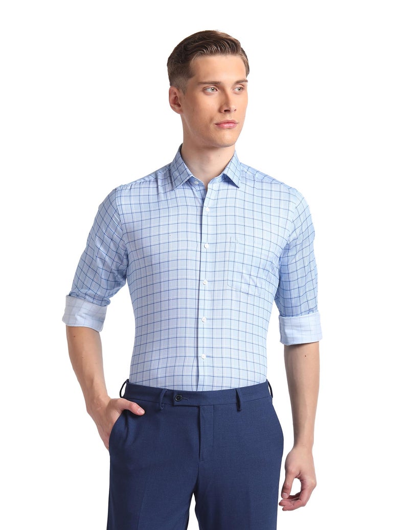 Arrow Men Slim fit Cotton Checked Long Sleeves Cutaway Collar Shirt(ARADOSH0818_Blue_40) - Image 1