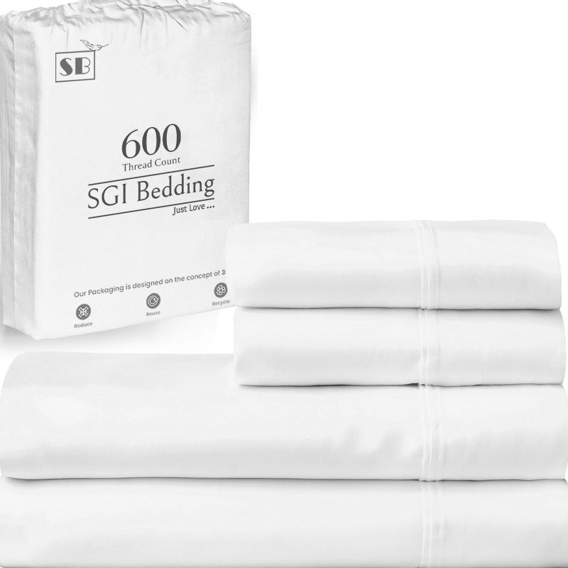 SGI bedding 600 Thread Count 4 Piece 100 Egyptian Cotton Full Size Sheets Set 15 Deep Pocket Sheet Set Premium Breathable Soft and HotelQuality Luxury Sheets White