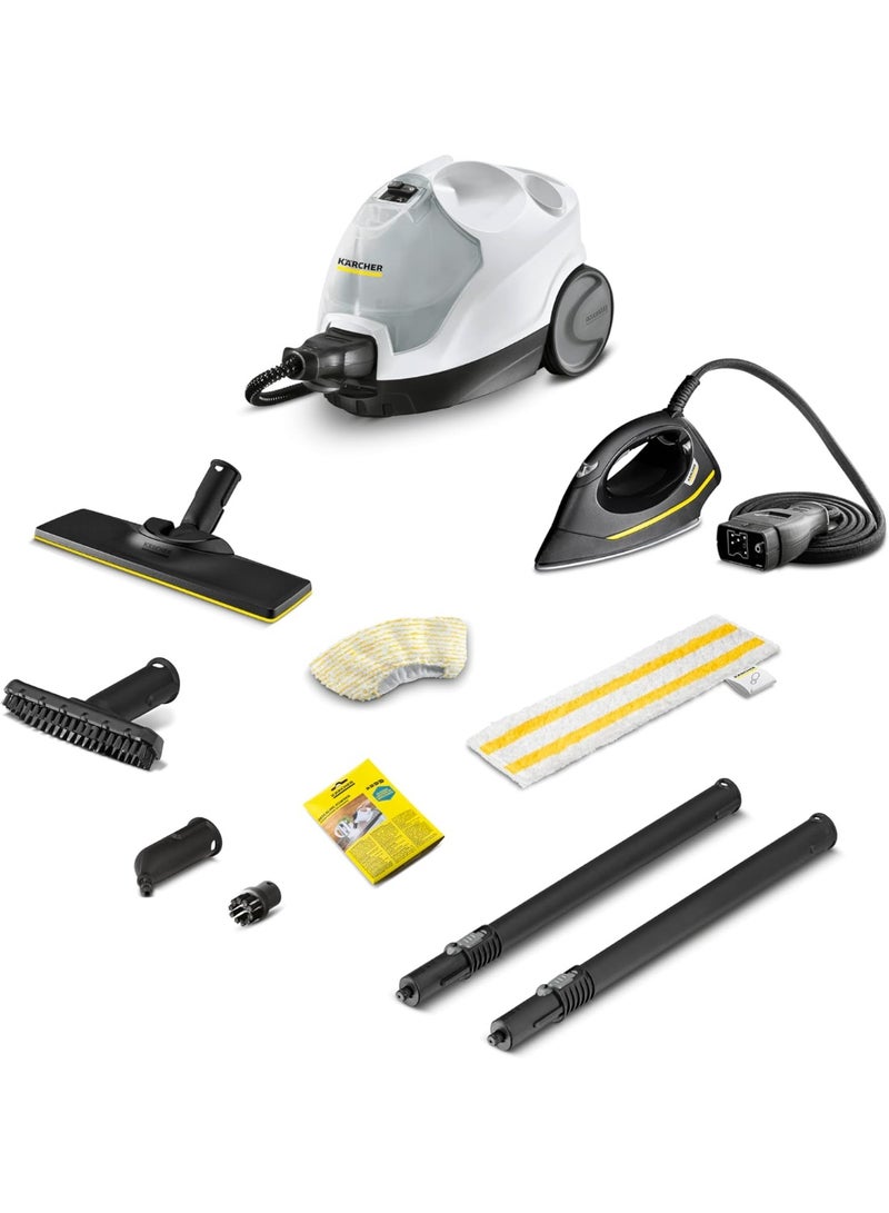 Kärcher منظف بخار SC 4 EasyFix Iron Kit لتنظيف وتعقيم الأسطح بدون استخدام المواد الكيميائية – مزود بمكواة مدمجة – قدرة 2000 واط – سعة خزان 1.3 لتر – صناعة ألمانية – باللونين الأبيض والأسود. - Image 1