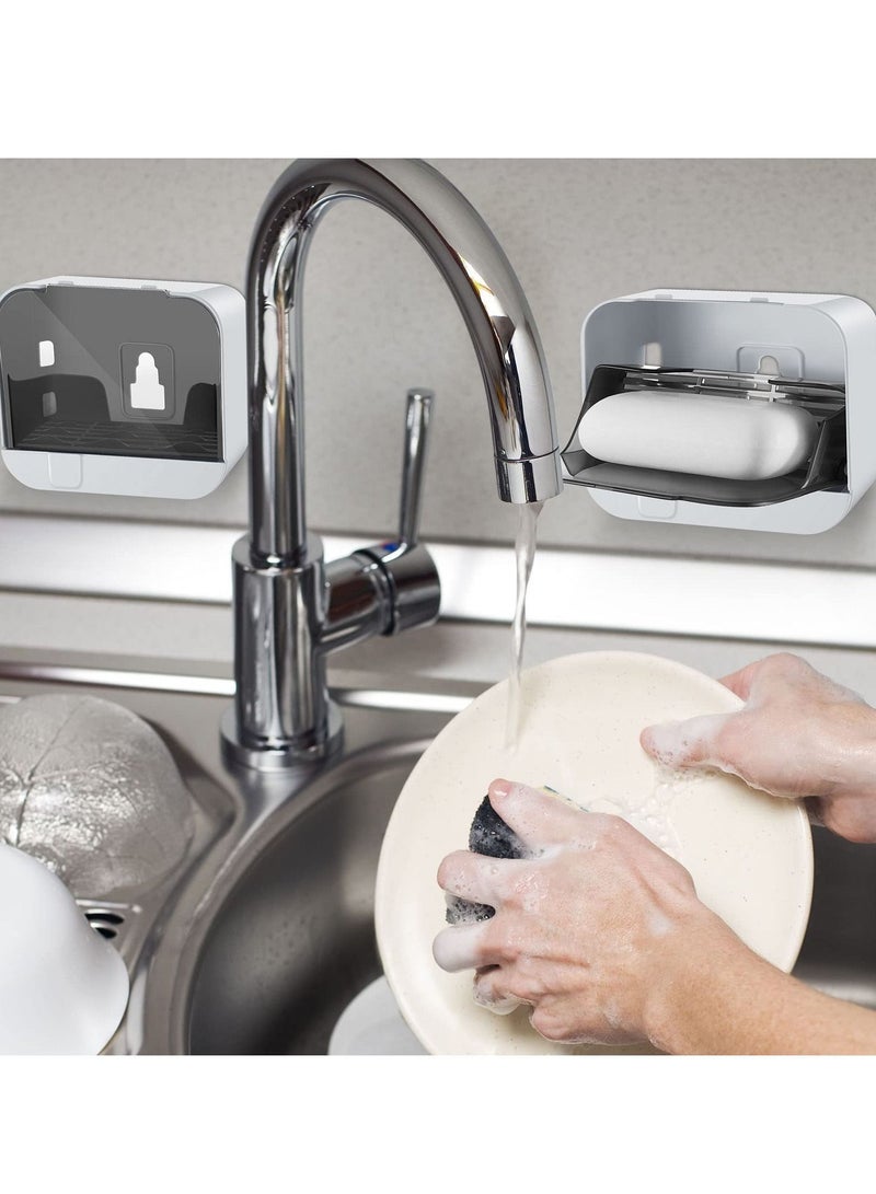 Bar Soap Holder, 4 Pack Dish Holder Shower Wall Mounted with Drain Flip Waterproof Container Removable Box Adhesive Bathroom Sink White - Image 3
