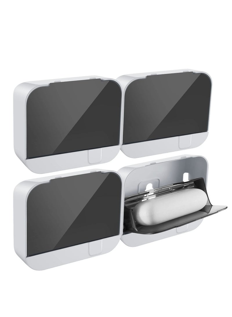 Bar Soap Holder, 4 Pack Dish Holder Shower Wall Mounted with Drain Flip Waterproof Container Removable Box Adhesive Bathroom Sink White - Image 1