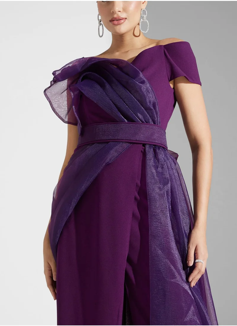 Iyra Bardot Mesh Tiered Dress