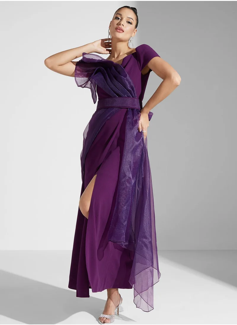 Iyra Bardot Mesh Tiered Dress
