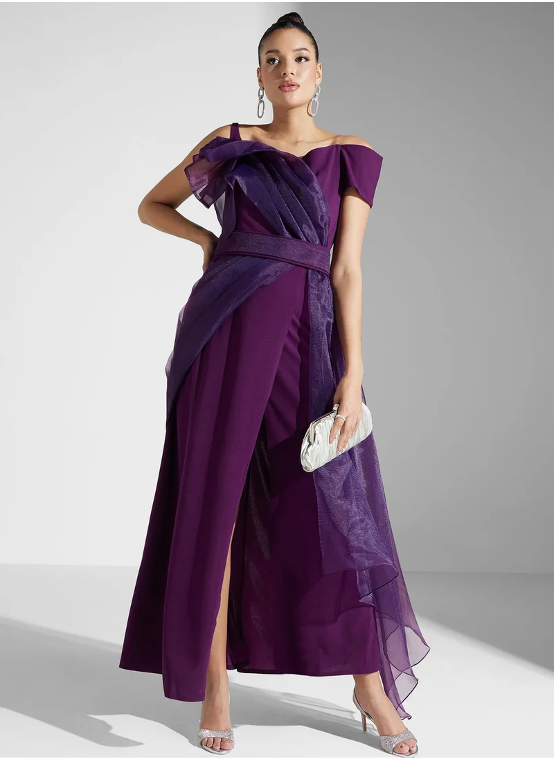 Iyra Bardot Mesh Tiered Dress