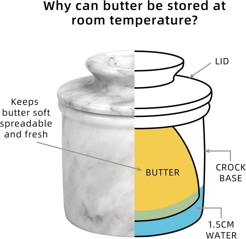 TABHOUKIT Butter Crock with Lid, Soft Spreadable Butter keeper, Marble French Butter Keeper to Leave On Counter, Butter Dish, Home and Kitchen Decor for Countertop (White Grey, Large) - Image 3