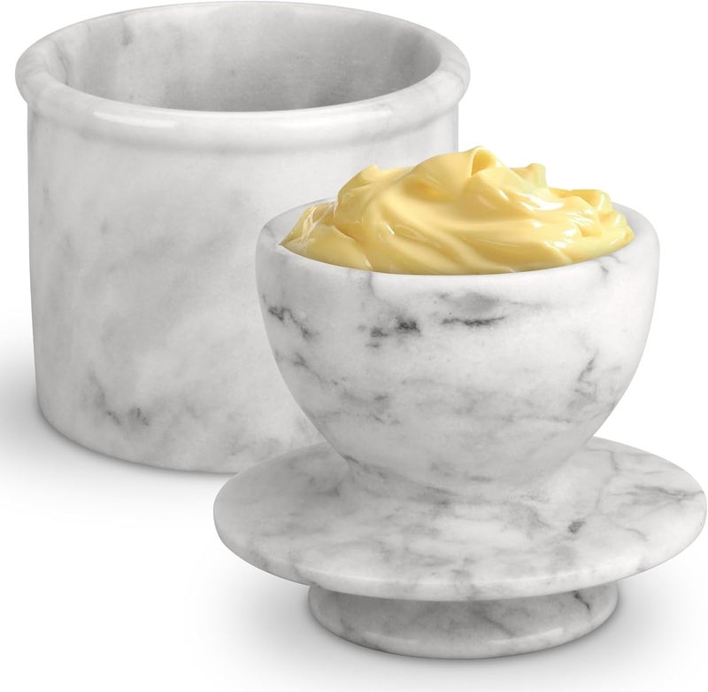 TABHOUKIT Butter Crock with Lid, Soft Spreadable Butter keeper, Marble French Butter Keeper to Leave On Counter, Butter Dish, Home and Kitchen Decor for Countertop (White Grey, Large) - Image 1