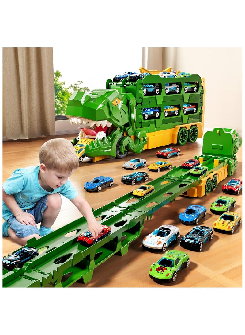 Toddler Toys Car Track Set for 3 4 5 6 Years Old Boys, Dinosaur Transporter Car Race Track with 12 Die-Cast Car Toys, Truck Toys Set Gifts for Age 3-12 Years Old Kids Boys Girls - Image 2
