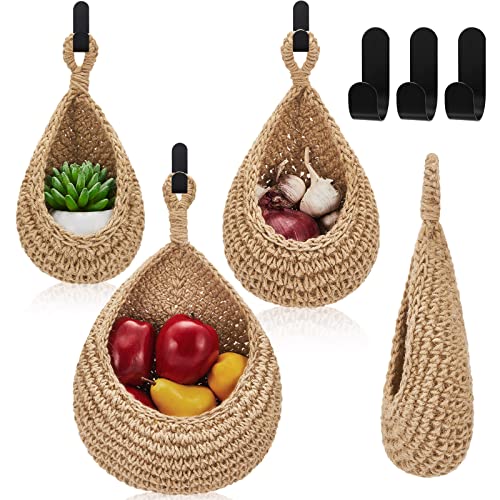 Honeydak Hanging Wall Basket Teardrop Hanging Baskets Onion Basket Coat Bohemian Storage Fruit Wall Hooks for Kitchen Wall Home Restaurant Storage Vegetable 3 SizesLight Linen