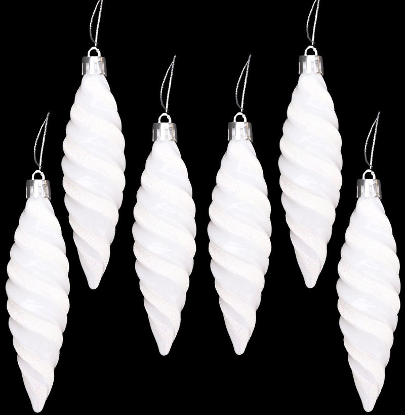 Christmas Concepts Pack of 6110mm Large Spiral Shaped Baubles  Shiny  Glitter Decorated  Christmas Tree Decorations White